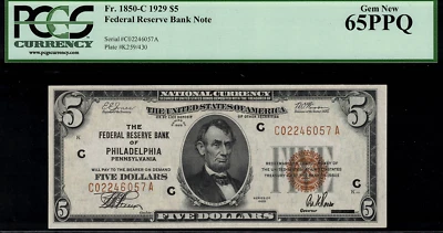 1929 $5 Federal Reserve Bank Note Philadelphia - FR.1850-C - PCGS 65PPQ - Image 1 of 2