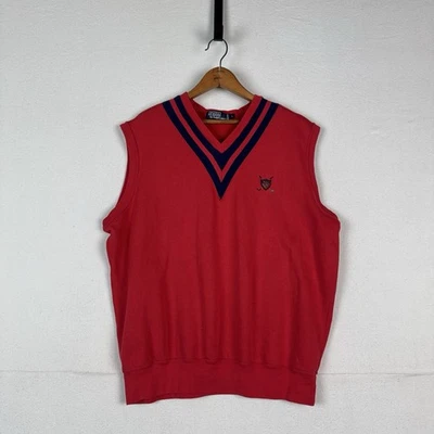 Polo Ralph Lauren Sweater Vest Men's L Red Sleeveless Double Stripe V-Neck Golf - Image 1 of 4