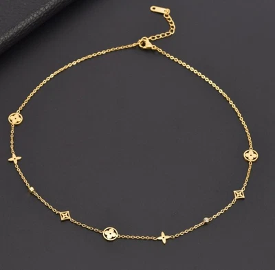 Women 14K Gold Plated Stainless Steel Flower Star CZ Station Necklace PE44 - Image 1 of 4