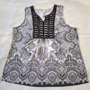 World Unity Womens XL Sleeveless Top Gray Pink Embroidered Neck Boho Style A31 - Picture 1 of 10