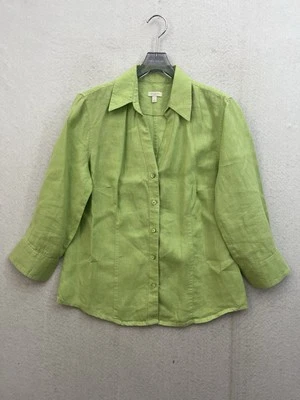 Женская блузка Talbots маленькая зеленая 100% лен на пуговицах рукав 3/4 - Изображение 1 из 4