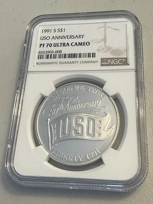 1991-S PF70 UCam USO Commemorative Silver Dollar NGC - Image 1 of 4