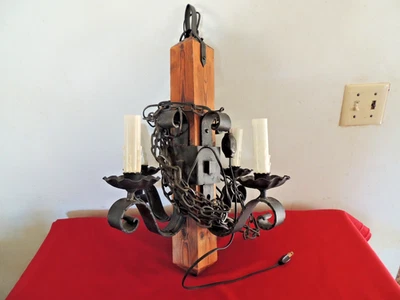Vtg Wrought Iron Wood Swag Chain Hanging Ceiling Light Candle Gothic Medieval - Image 1 of 4