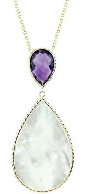 14K Yellow Gold Gemstone Necklace With Mother Of Pearl And Amethyst 16 Inches - Image 1 of 2