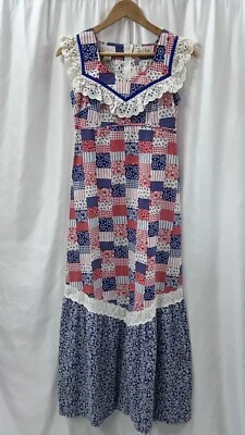 Maxi Vestido Vintage Años 70 Estampado Bandana Ojales Encaje Hawaiano Patchwork Vestido  Foto 1 de 4