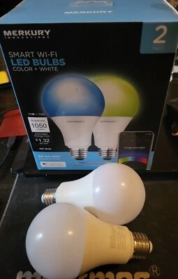 2 PACK Merkury Innovations  11W = 75wRGB LED Wi-Fi Smart Bulbs Color + White - Image 1 of 4