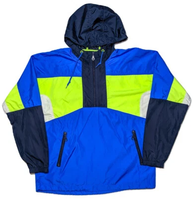 URBAN OUTFITTERS 连帽风衣夹克 1990 年代色块蓝色黄色小号 S — 第 1/4 张图片