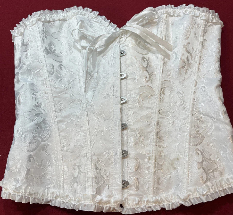 XL WHITE CORSET Bridal SATIN Ribbon LACE UP Silver eye Hooks, Sweetheart Ruffles - Image 1 of 4