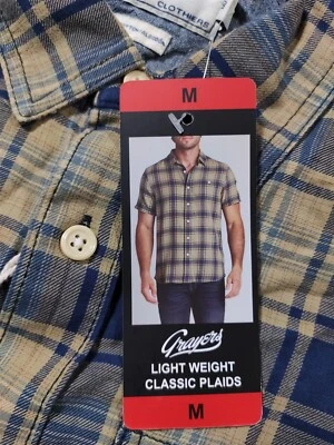 Grayers Shirt Adult Medium Tan Blue Button Up Lightweight Classic Plaid Mens — 第 1/4 张图片