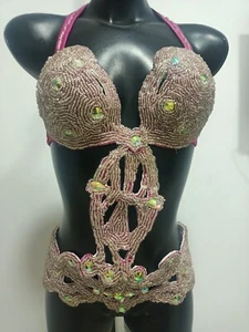 Ägyptischer Bauchtanz Kostüm BH Gürtel Set Profi Tanzen ROSA Handarbeit - Bild 1 von 8