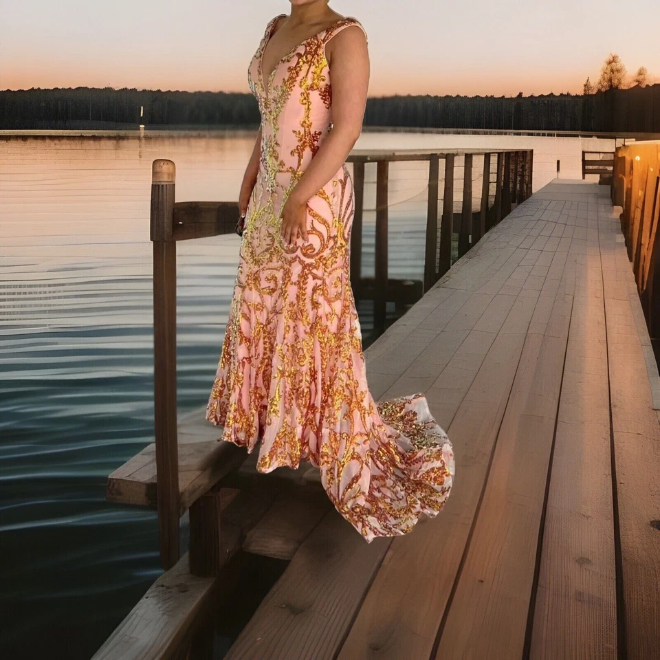 Vestido de graduación Jovani talla 00 coral y dorado - usado una vez - ¡limpiado en seco!  Foto 1 de 4