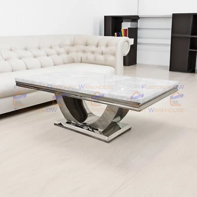 FURNITUREDW Modern Arial 130cm U Stand Chrome Coffee Table White Marble Top for Living Room