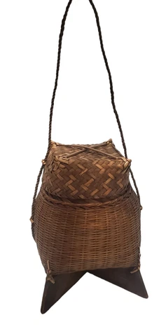 Vintage Asian Bamboo Rattan Wood Base Rice Basket  Height 9.5" x 7" Width Cover