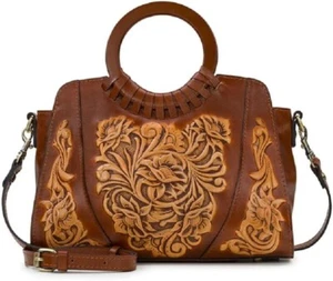 PATRICIA NASH LYON CAVO-TOOLED TAN MULTI LEATHER SATCHEL/CB NWT $249 STUNNING - Picture 1 of 16