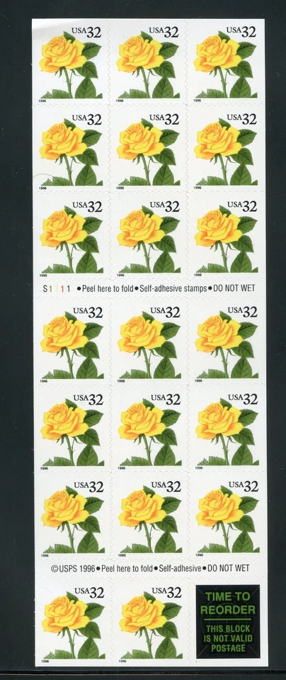 UNITED STATES SCOTT #3049a YELLOW ROSES BOOKLET OF 20 32c SELF ADHESIVE MINT NH - Image 1 of 1