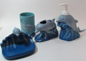Nautical Bath Set DOLPHIN SEA 4 piece Accessory Set Dolphins Riding Ocean Waves - Picture 1 of 11
