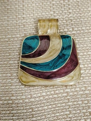 Vintage Beige Teal & Burgundy Enamel Necklace Pendant Gold Tone Retro Boho  - Image 1 of 4