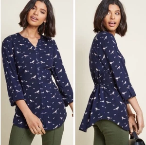 Modcloth Trusty Travel Bird Print Button Down Top-Size Small-Navy Blue/Tan - Picture 1 of 5