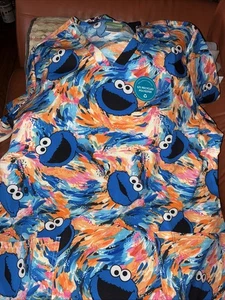 Cookie Monster Cherokee Scrubs Sz Large Tooniforms Sesame Street V Neck Top NEW - Picture 1 of 6