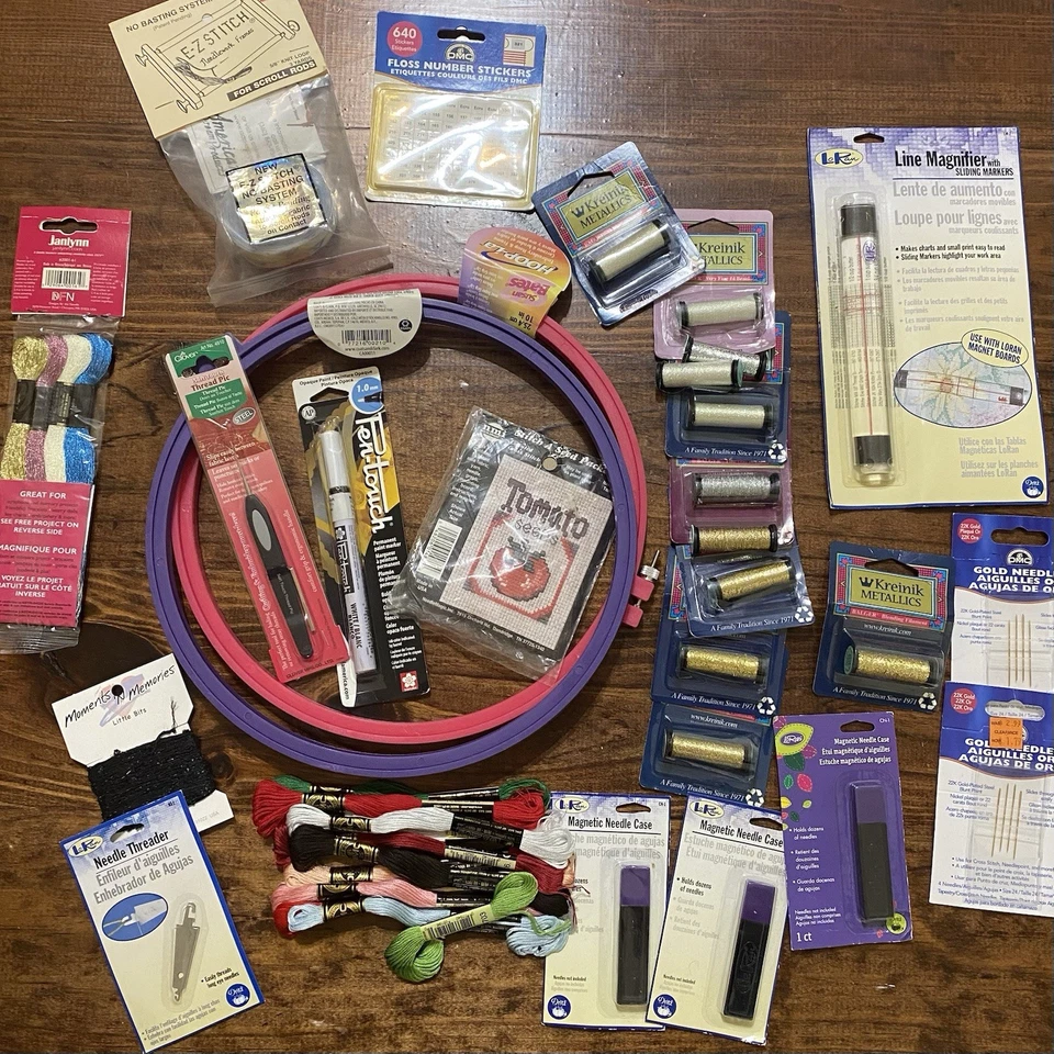 Lot Needlepoint, Cross Stitch, Embroidery Supplies, Threads Floss Hoops Needles - Image 1 of 4