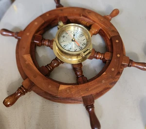 Nautical Wood Ship Engrave Brass Clock Porthole Steering Wheel WORKS #24 - Picture 1 of 15