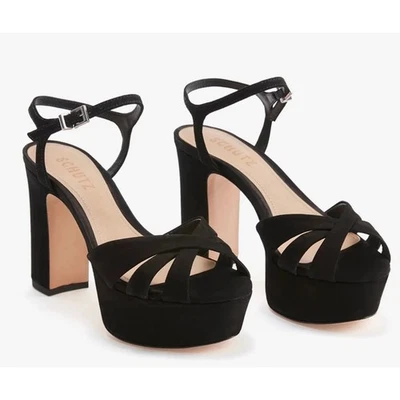 Schutz Keefa Platform Heels Sandals Black Suede Nubuck Leather Ankle Strap Sz 10 - Image 1 of 4