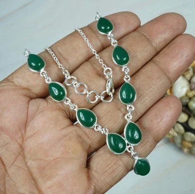 Green Onyx Minimalist Necklace 925 Sterling Silver Handmade Adjustable Jewelry - image 1 of 4