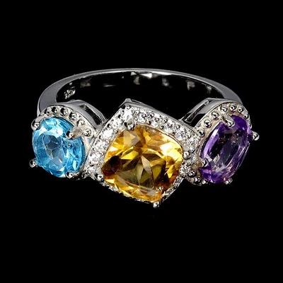 925 Sterling Silver Ring Cushion Citrine 7mm Amethyst Topaz Gemstone Jewelry 7 - Image 1 of 4