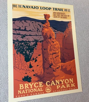 Impresión del Parque Nacional WPA Bryce Canyon 7x10 Navajo Loop Trail Thors Hammer puesta de sol Foto 1 de 4