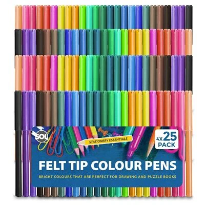 SOL 100 Felt Tip Pens Set Fine Fibre Drawing Marker Colouring Art School Colour Kids