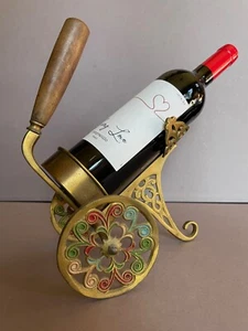 Israeli Brass & Wood Wine Bottle Pourer Holder Stand Cart Vintage Mid-Century - Picture 1 of 8