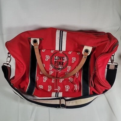 Vintage Victoria Secret Large Red Duffel Bag Canvas Leather Handle Love Pink - Image 1 of 4
