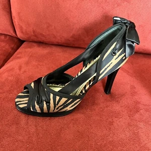 Beverly Feldman VTG Black Peep Toe Bow Heel BAG 8 Animal Platform Satin Ribbon - Picture 1 of 15