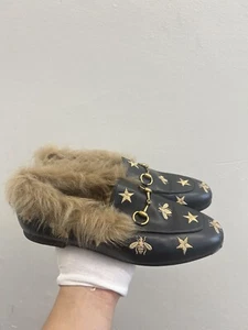Gucci Jordaan Bees Stars Horsebit Leder Halbschuhe Schwarz Größe 38 EU 8 US Fell - Bild 1 von 9