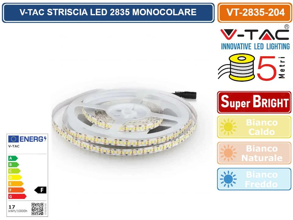 V-TAC VT-2835 Striscia LED 12V SMD2835 5M 17W/M 204LED/M 100LM/W monocolore