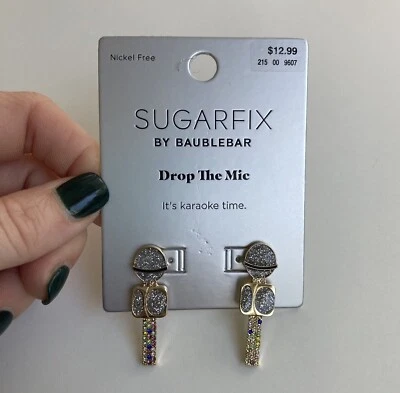 Microphone Stud Earrings SUGARFIX by BaubleBar Drop the Mic Sparkly Gold Tone - Image 1 of 4