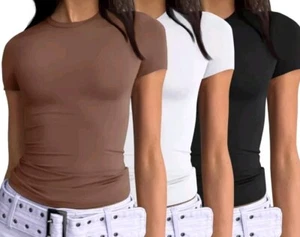 AUTOMET Womens 3 Piece Short Sleeve Shirts Basic Going Out Tops Slim Fit Crop... - Picture 1 of 6