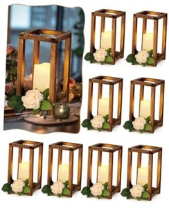 16 Pcs Wooden Candle Lantern Set includes 8 Rustic Wedding Centerpieces Brown - Picture 1 of 7