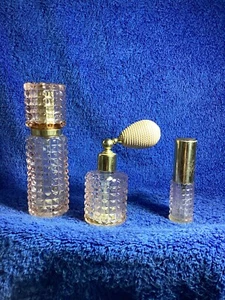 Vintage Holmspray Pink Cut Glass 3er Set Parfum Flakon’s Atomizer’s - Bild 1 von 9