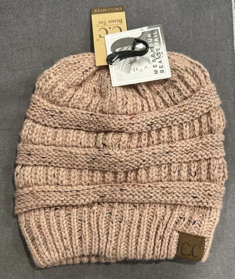 CC C.C Messy Bun Ponytail Beanie Denim Blue Confetti Soft Cable Knit Skully Hat