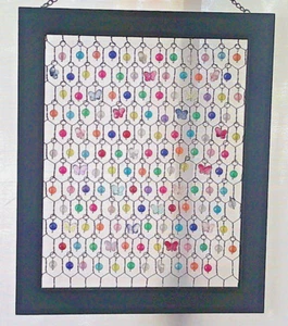 chicken wire beaded suncatcher hand crafted 10" by 12" in wood frame - Picture 1 of 1