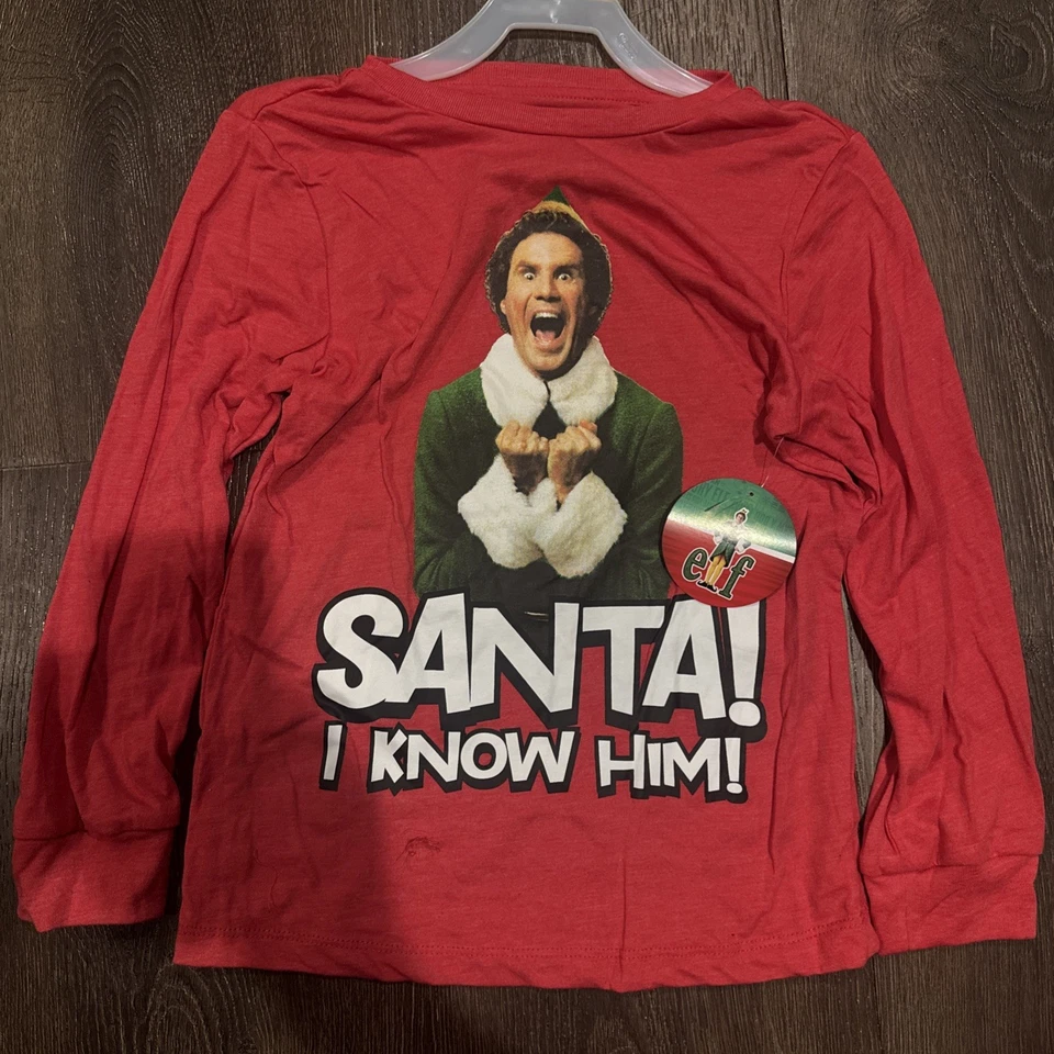 Elf Movie boys NWT long sleeve holiday Tee M 8 Will Ferrell Santa I Know Him - Image 1 of 2