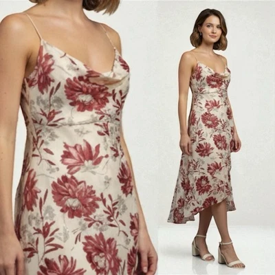 Vtg Y2K 100% Silk ANN TAYLOR Bias Midi Womens Red Beige Floral Dress Sz 4 XS S - Image 1 of 4