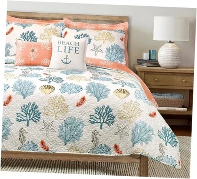  Coastal Reef Feather Reversible Quilt Set, 7 Piece Set, Blue & Coral - King - Image 1 of 4