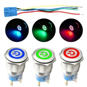 22mm 12V LED Puissance Icône On-Off Voiture Bouton Poussoir Switch Loquet Métal - Afbeelding 1 van 16