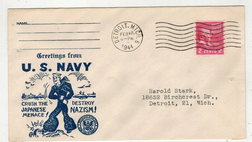 WW2 Patriotic 1944 MICHIGAN US NAVY CRUSH JAPANESE DESTROY NAZISM RAISED PRINT - Image 1 of 1