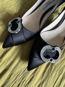PRADA Women’s Kitten Heels Size 4.5 37.5 Black Satin Diamond Emeralds With Box - Picture 1 of 20