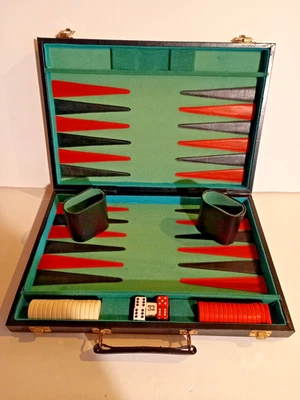 Vintage Backgammon Set in Black Leatherette Carry Case Complete - image 1 of 4