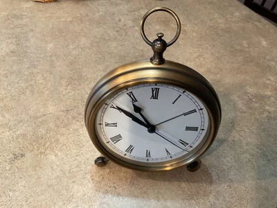 Pottery Barn 5 in Round Pocket Watch Style Table Clock Nickel Finish For Repair - Image 1 of 4