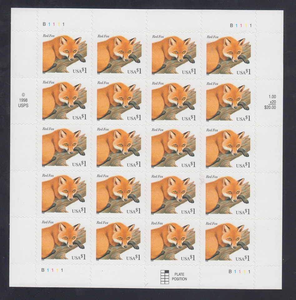 US Stamp Scott #3036a Red Fox $1 Sheet XF MNH - 2002 Reissue w/ 11.75 Die Cut - Image 1 of 1